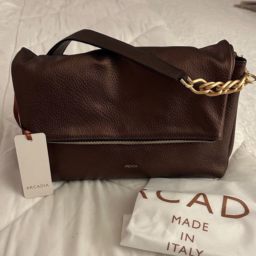 Arcadia Dark Brown Leather Bag with Gold Chain
